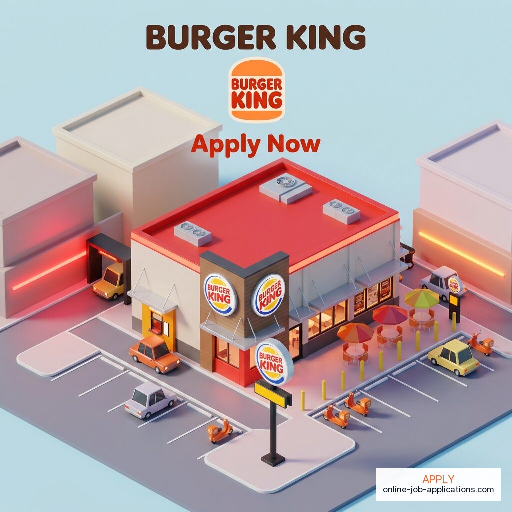 Isometric illustration of a Burger King storefront with branded architecture. Apply online at Burger King careers.