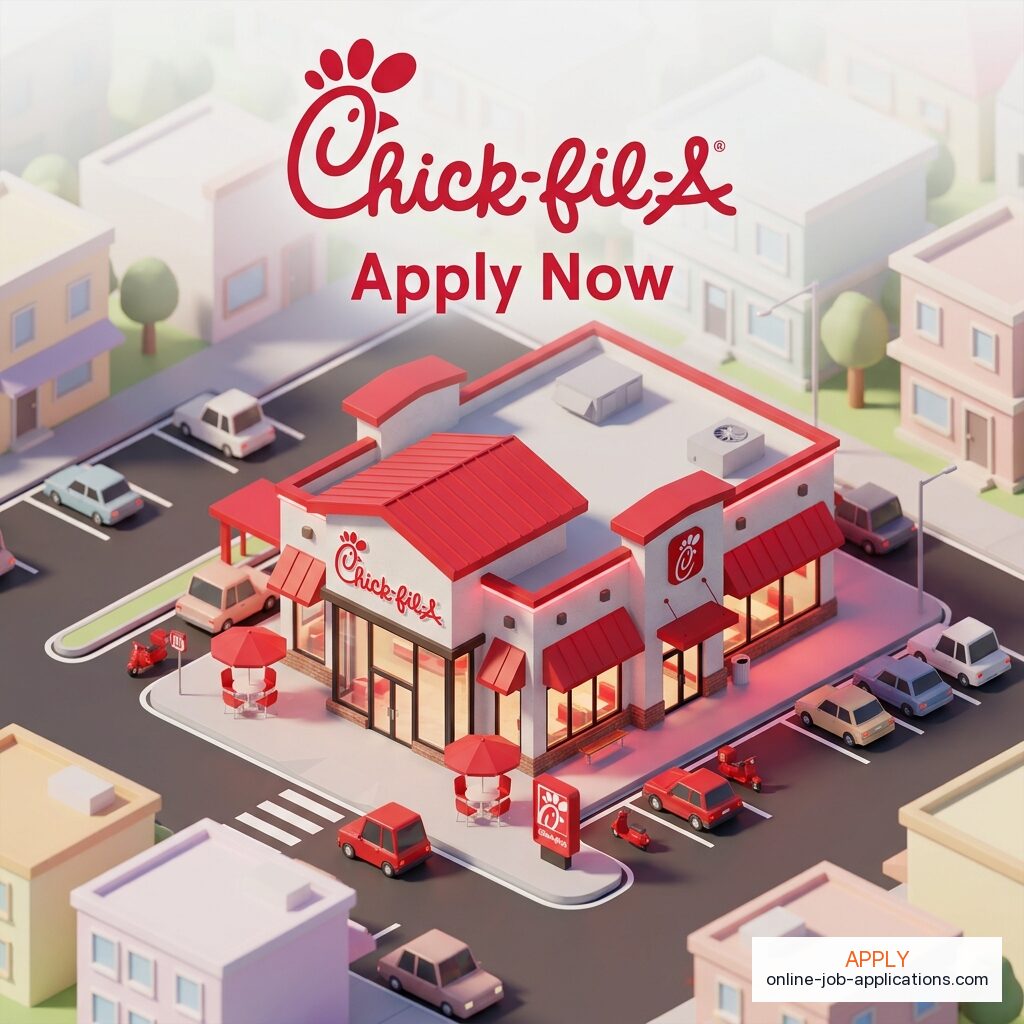 Isometric illustration of a Chick-fil-A storefront with branded architecture. Apply online at Chick-fil-A careers.