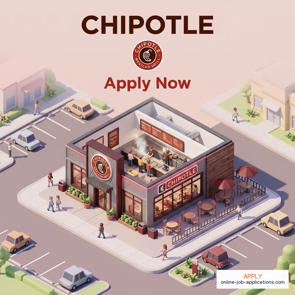 Isometric illustration of a Chipotle storefront with branded architecture. Apply online at Chipotle careers.