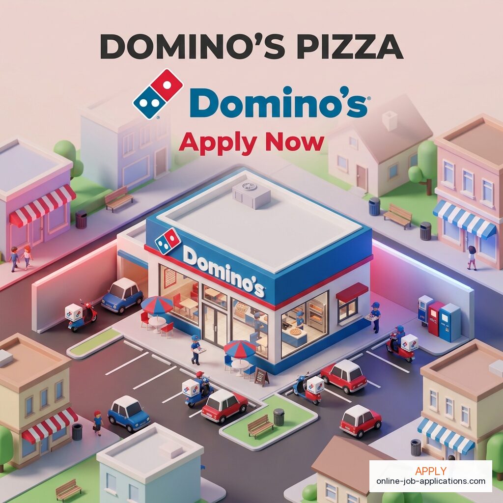 Isometric illustration of a Domino's storefront with branded architecture. Apply online at Domino's careers.