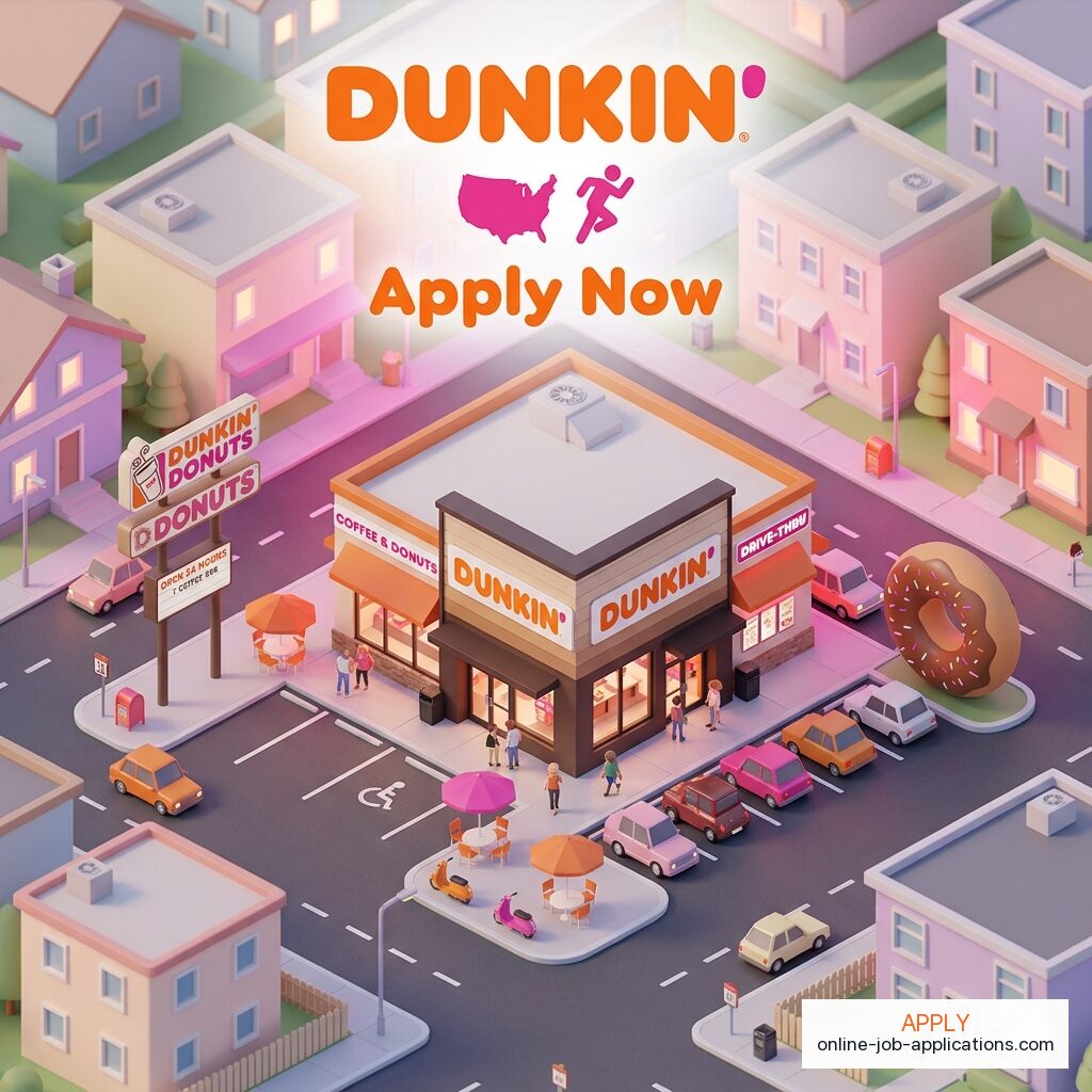 Isometric illustration of a Dunkin' storefront with branded architecture. Apply online at Dunkin' careers.