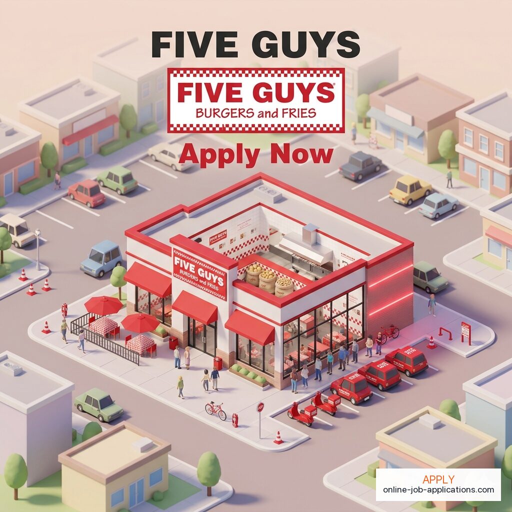 Isometric illustration of a Five Guys storefront with branded architecture. Apply online at Five Guys careers.