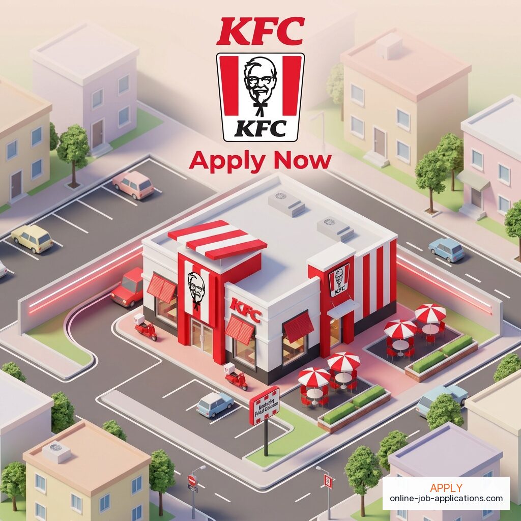 Isometric illustration of a KFC storefront with branded architecture. Apply online at KFC careers.