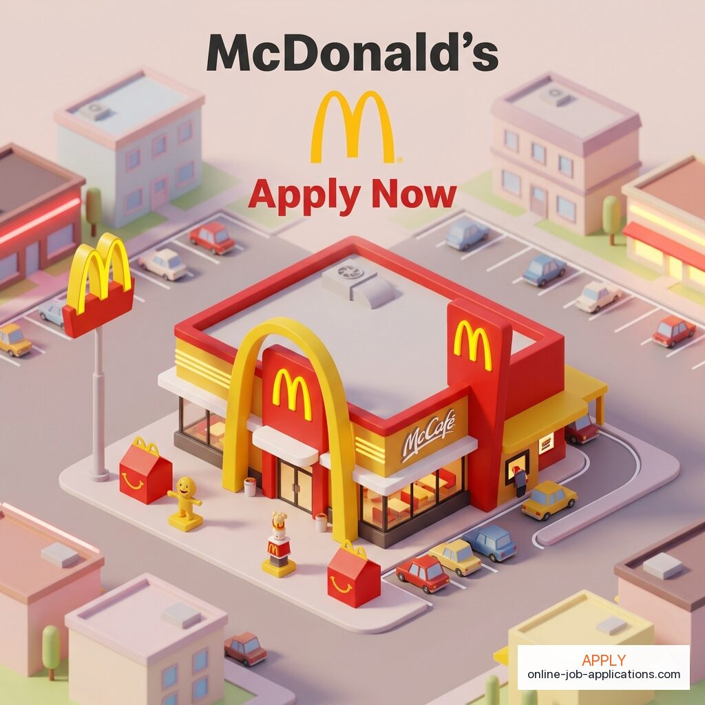 Isometric illustration of a McDonald's storefront with branded architecture. Apply online at McDonald's careers.