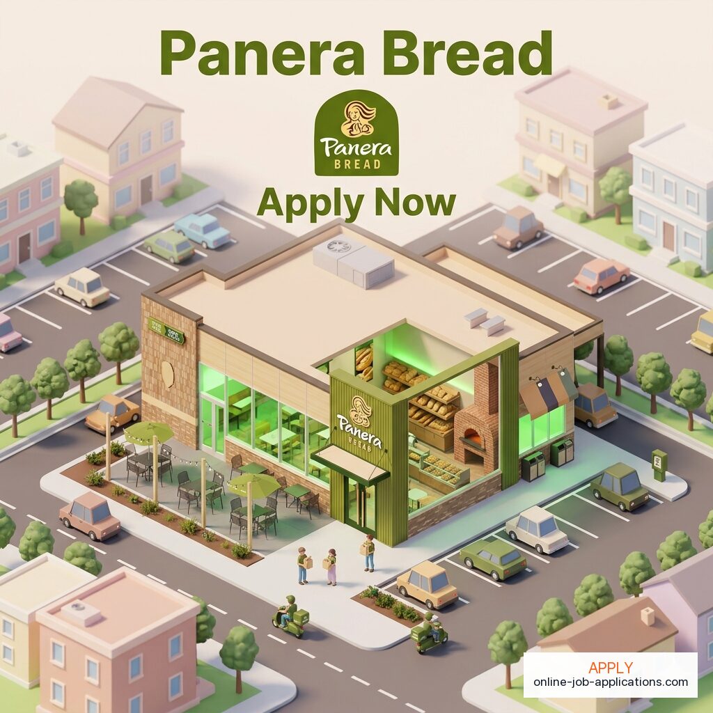 Isometric illustration of a Panera storefront with branded architecture. Apply online at Panera careers.