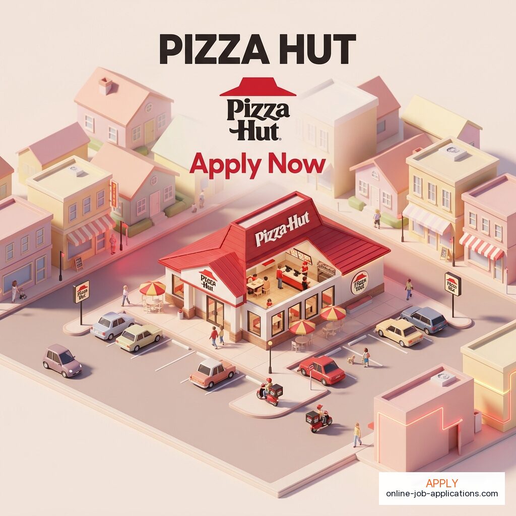 Isometric illustration of a Pizza Hut storefront with branded architecture. Apply online at Pizza Hut careers.