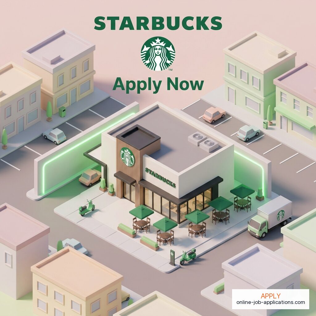 Isometric illustration of a Starbucks storefront with branded architecture. Apply online at Starbucks careers.