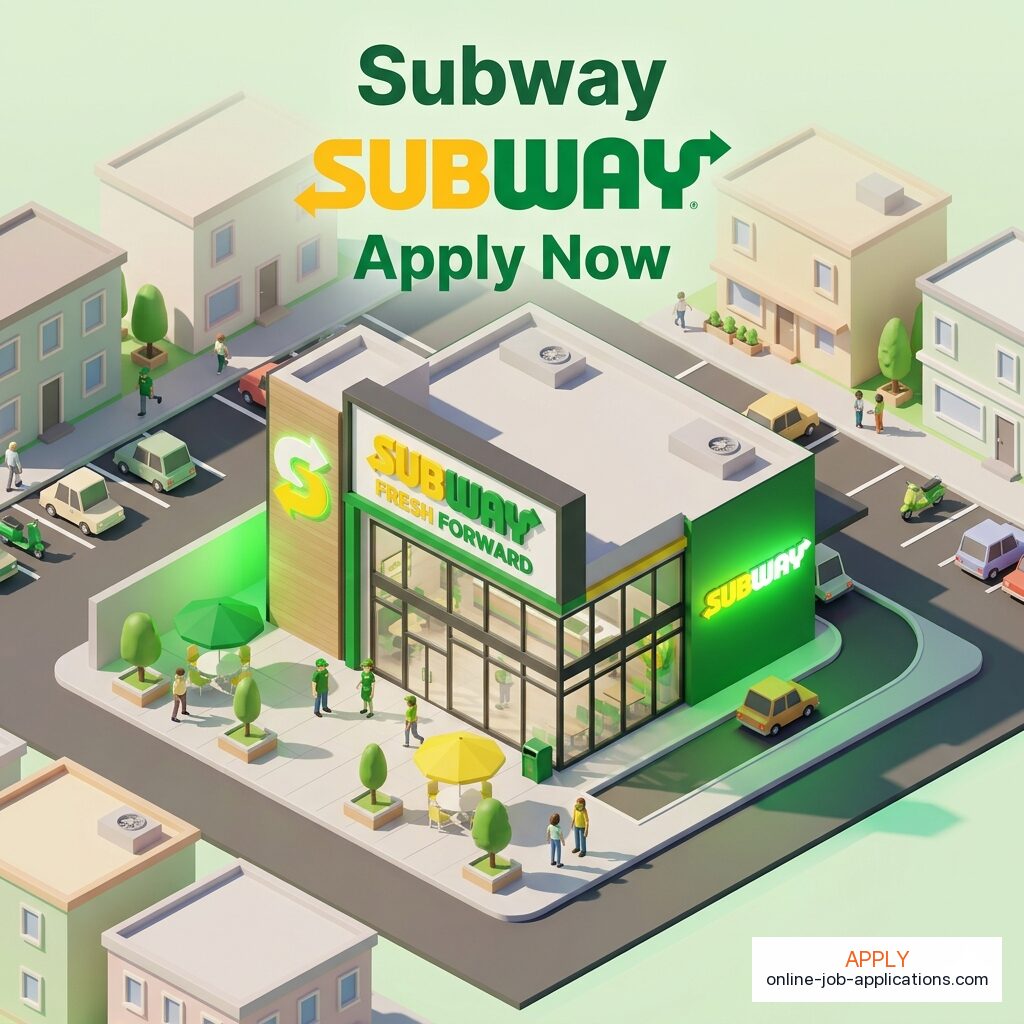 Isometric illustration of a Subway storefront with branded architecture. Apply online at Subway careers.
